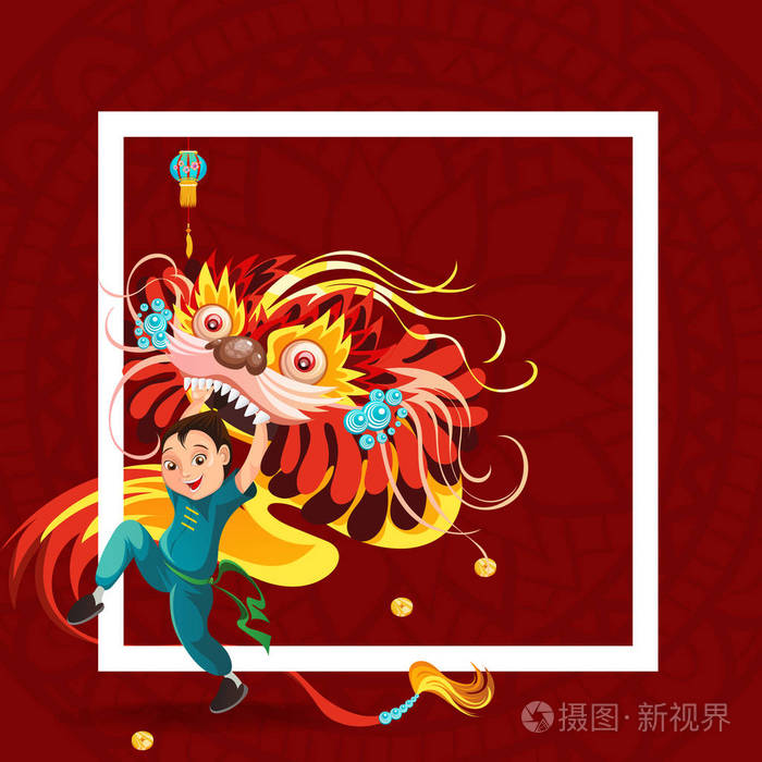 中国农历新年舞狮比赛在红色背景下被隔绝 快乐舞蹈家在中国传统服装藏品五颜六色的龙面具在游行或狂欢节 卡通风格矢量插画插画 正版商用图片1157t0 摄图新视界