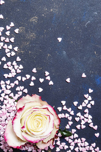 情人节的节日背景，白色玫瑰和甜美的粉红色心顶观