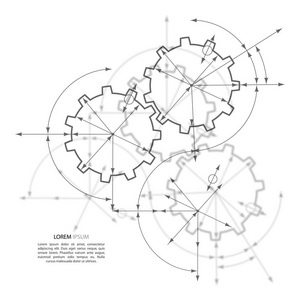 在啮合的齿轮。工程制图与齿轮抽象工业背景