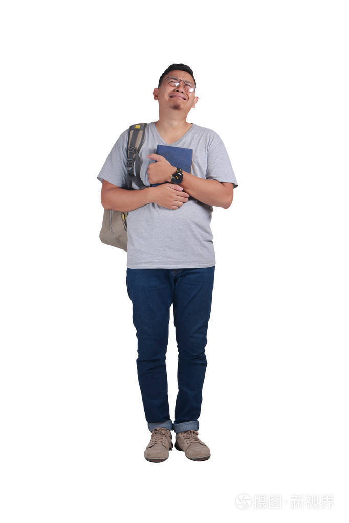 青年学生站立哀伤的哭泣的手势