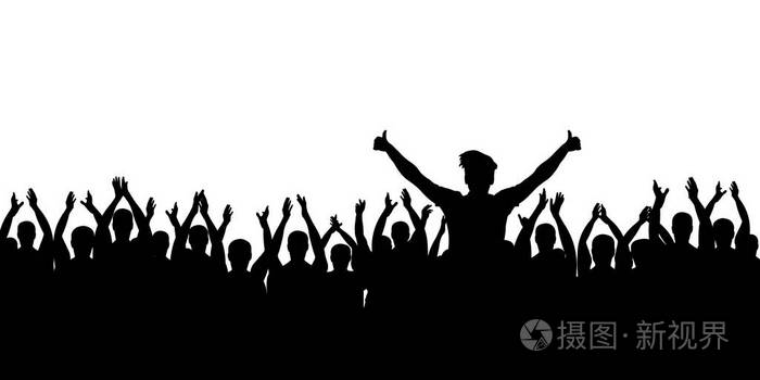 欢快的人群欢呼.举起手来.掌声的人.侧面影像向量
