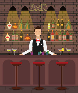 酒吧, 酒吧室内平面矢量插图与瓶子, 眼镜, 鸡尾酒。酒吧的男招待与酒, 酒 dreenks