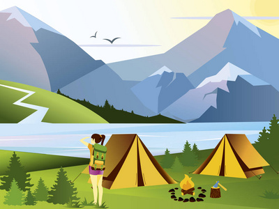 矢量平面插图露营女孩旅行者。自然背景与草, 森林, 山和山。户外活动。帐篷和火阵营