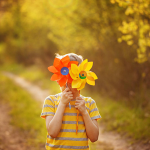 漂亮的风车小男孩躲在黄色和橙色的风车在绿色照片