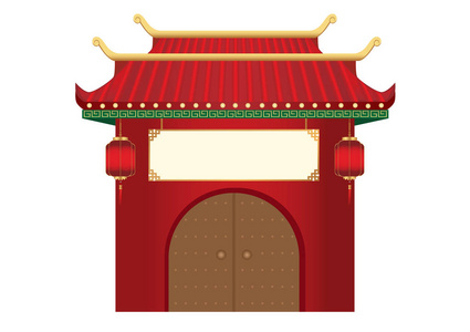 入口有2层屋顶，中式风格，门前挂灯笼装饰。