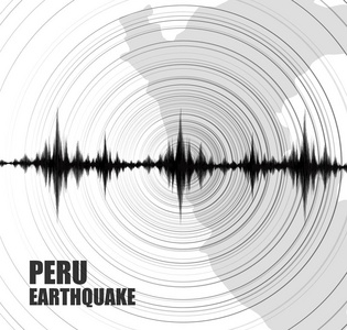 秘鲁地震波与圆振动在白色背景音频波图概念设计的教育科学和新闻矢量插图。