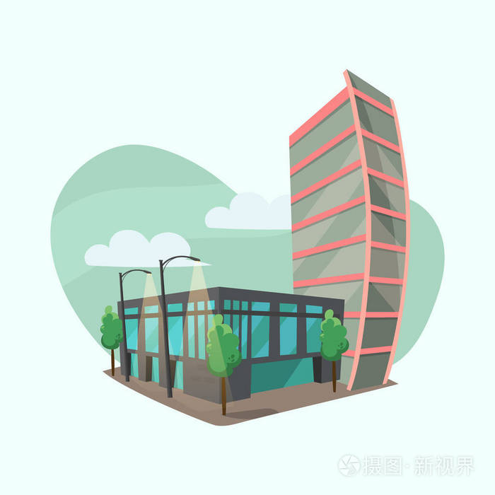 现代办公建筑的城市景观矢量卡通风格公司商务中心平面设计摩天大楼