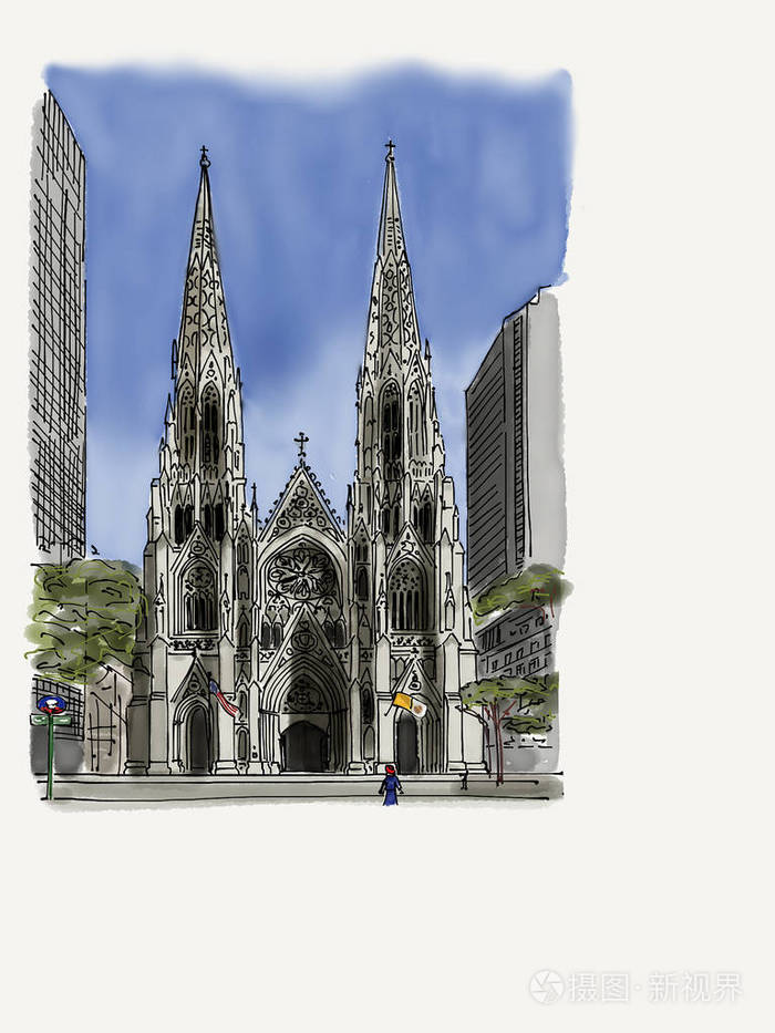 美国纽约圣帕特里克大教堂。 美国。 著名的地方。手绘。素描。