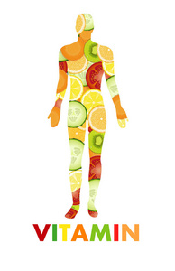 维生素概念, 人剪影创造从蔬菜和果子和文本维生素在白色背景