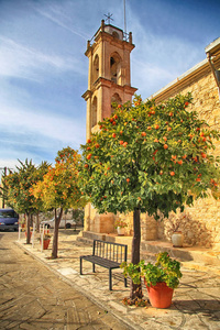 美丽的景色与橘子树和教堂在风景如画的村庄拉尼娅拉尼亚塞浦路斯