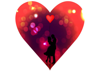 浪漫的情侣剪影红色模糊的背景, 情人节2月14日。快乐的恋人。孤立的矢量插图