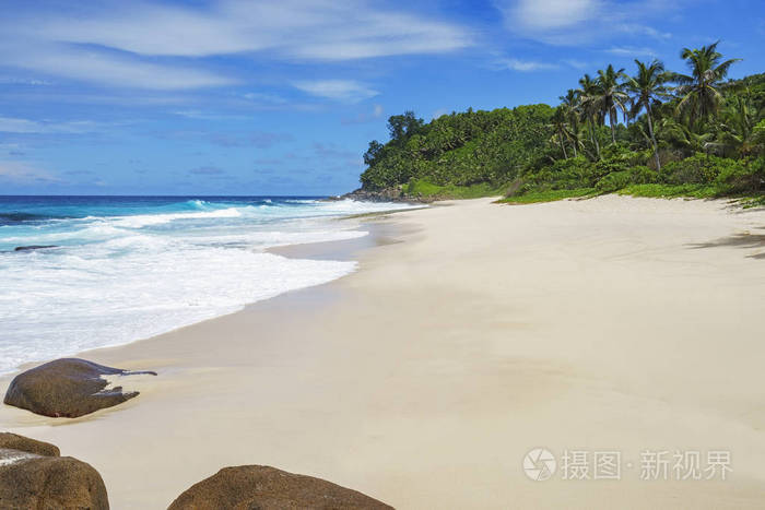 美丽的天堂海滩安斯巴扎卡在马河塞舌尔群岛的白色沙质绿松石质棕榈树