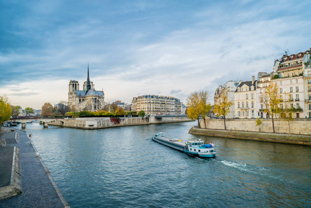 巴黎圣母院，塞纳河和秋天在巴黎的一艘船
