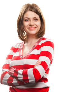 幸福微笑的女人的肖像，穿着条纹衬衫，孤立在白色背景上