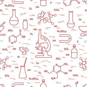 具有多种科学教育元素的无缝图案显微镜烧瓶配方杵等。 横幅海报或打印的设计。