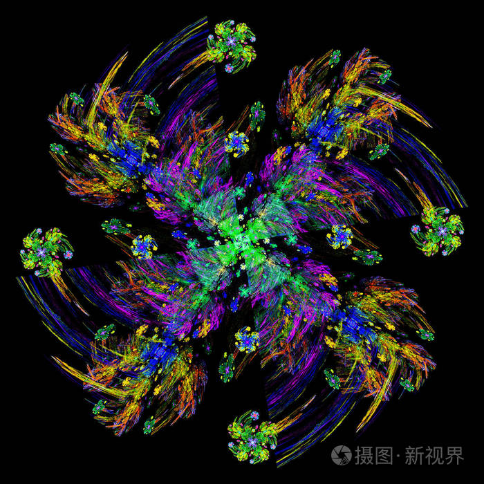 彩色混沌的旋转。 三维超现实插图。 神圣的几何学。 神秘的迷幻放松模式。 分形抽象纹理。 数字艺术品图形占星术