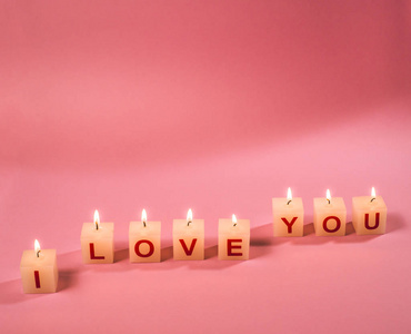 在蜡烛上发短信我爱你。 粉红色的背狗。