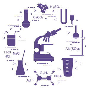 化学科学教育要素显微镜烧瓶三脚架配方烧杯阿米巴量杯漏斗U形管。 横幅海报或打印的设计。