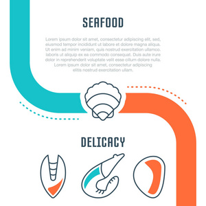海鲜的线条插图。 网页横幅和印刷材料的概念。 网站横幅和登陆页面的模板。
