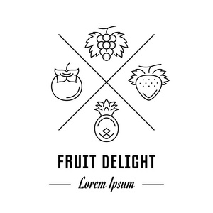 矢量标志水果喜悦。 希普斯特标志或横幅水果喜悦。 带有元素的线条符号。 概念品牌。