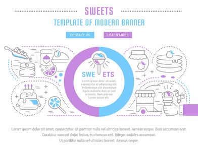 糖果的线条插图。 网页横幅和印刷材料的概念。 带有网站横幅和登陆页面按钮的模板。