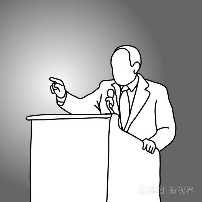 商人指向和讲话在讲台矢量插图涂鸦手绘素描手黑色线在灰色背景上隔离