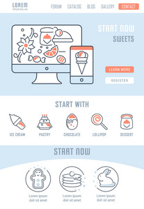糖果的线条插图。 网页横幅和印刷材料的概念。 带有网站横幅和登陆页面按钮的模板。
