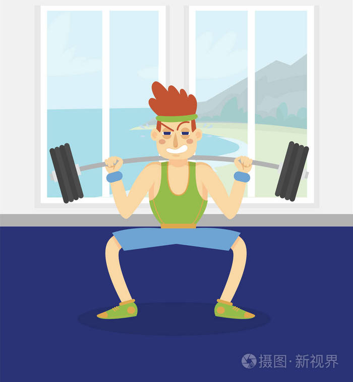 男性健美运动员行使与杠铃, 男子健身俱乐部或健身房矢量插画, 卡通