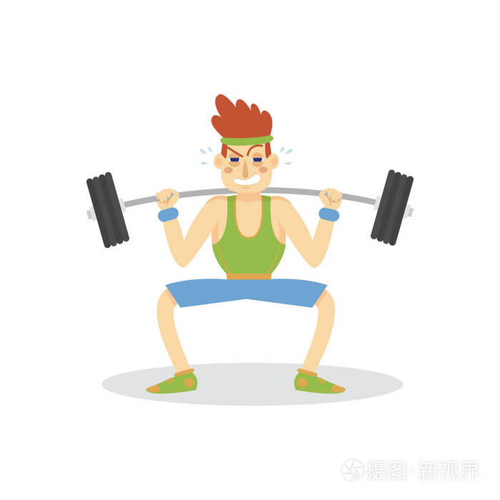 男性健美运动与杠铃, 积极健康的生活方式卡通矢量插画