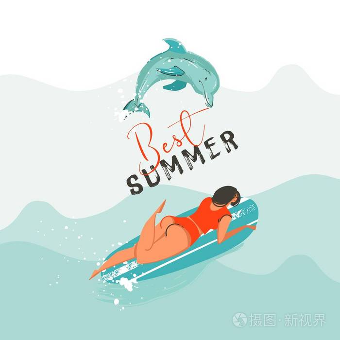 手绘矢量抽象夏季时间有趣的插图与游泳快乐冲孩在水中与跳跃海豚和