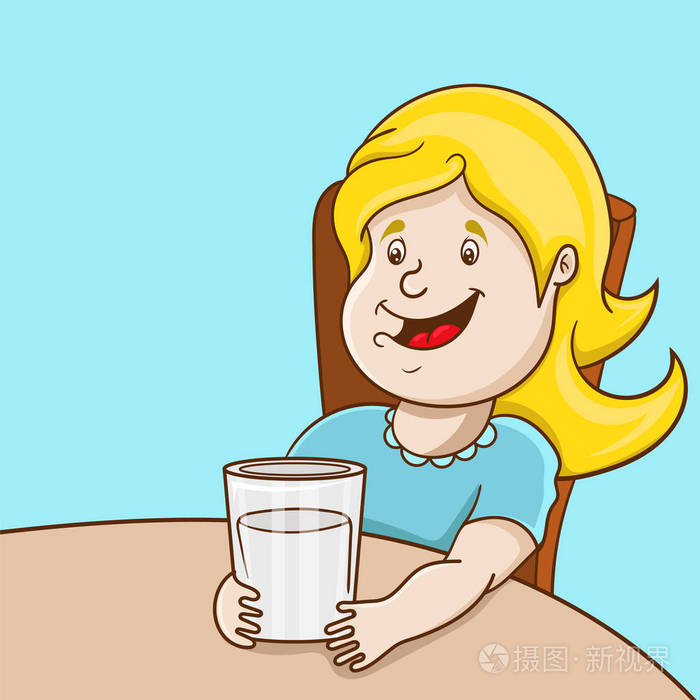 卡通小女孩喝牛奶矢量插图