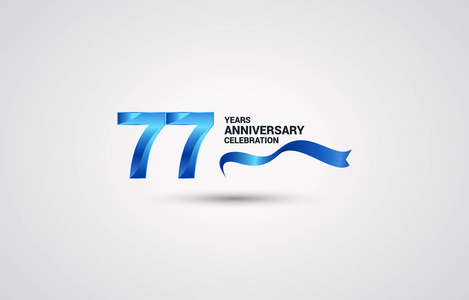 77周年纪念标志型，白色背景的蓝色丝带矢量插图