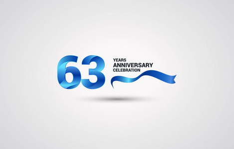 63年周年纪念标志型，白色背景为蓝色色带矢量插图