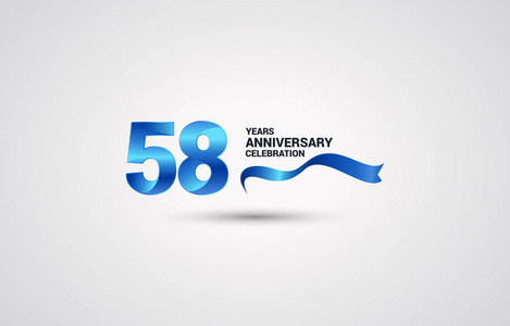 58周年纪念标志型，白色背景的蓝色丝带矢量插图