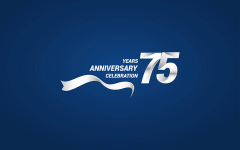 75周年纪念标志，白色丝带，蓝色背景矢量插图