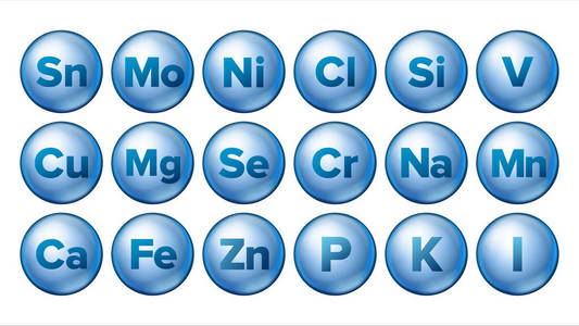矿物图标设置矢量。矿物蓝色药丸图标。药胶囊。物质.3d. 含化学配方的维他命复合物。孤立插图