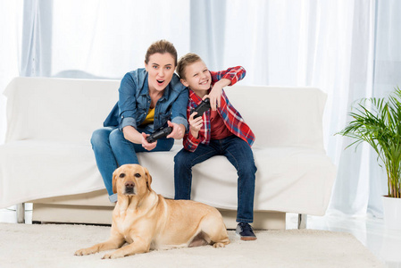 情绪激动的母亲和儿子玩电子游戏，而他们的狗躺在地板上看着