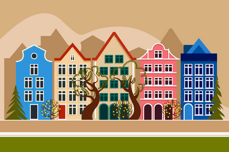 欧洲城市在山。白天, 夏天, 秋天, 春天。城市街道与五房子, 树落叶和针叶。城市环境。矢量插图