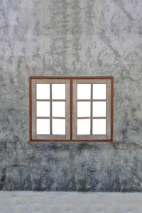现代混凝土墙上的老式木窗