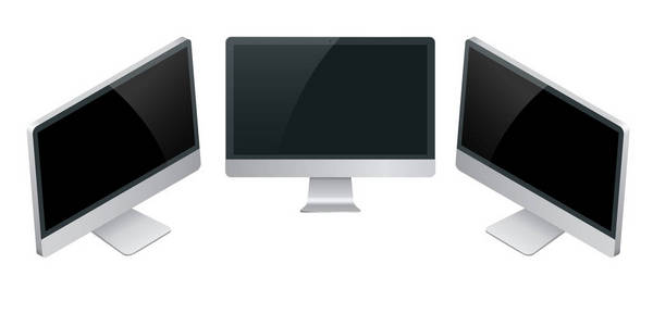 计算机监控屏幕模型的全景视图, 以展示现代风格的网站设计项目。在白色背景上隔离的计算机显示。提出您的申请