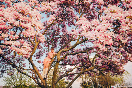 快乐的小女孩在盛开的木兰树上玩耍，日落时分穿着粉红色的运动衫