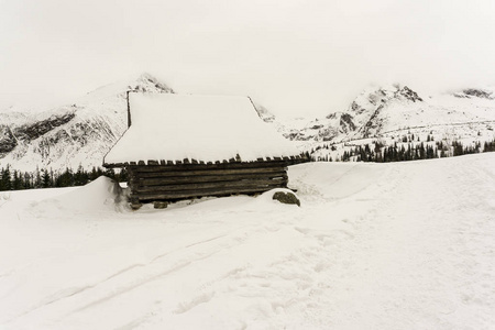 在 Gasienicowa 山谷的冬天老茅屋。Tatra 山脉大埔