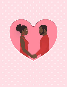 非洲女性和男性一对情侣相爱, 手拉手, 互相看着对方的情人节订婚或结婚纪念日贺卡。心脏和粉红色背景与白色