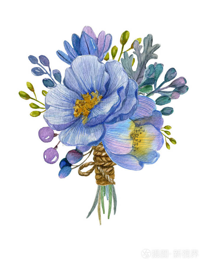 美丽的水彩花束肉质的花叶枝和鸟羽手绘可爱的插图可用于贺卡婚礼邀请