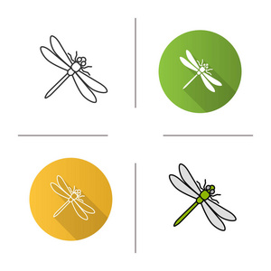 一组蜻蜓，雄鹿图标矢量，线性和彩色插图在白色背景上