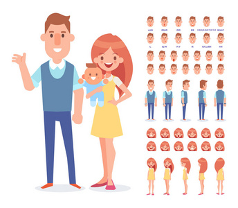 有新生儿的幸福夫妇。 幸福的家庭在一起。 爸爸妈妈和孩子。 正面背面34视图动画人物。 面对情绪设定。 平面样式的矢量插图。