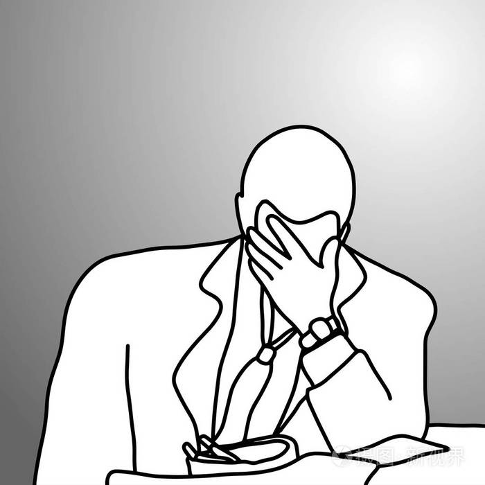 插画 严肃的商人把手放在他的脸上与香烟的托盘矢量插图涂鸦手绘素描