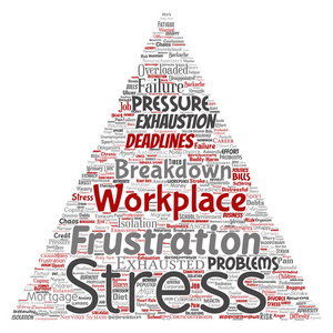 矢量概念心理压力在工作场所或工作压力人三角形箭头字云孤立背景。 整理健康工作抑郁问题衰竭分解期限风险