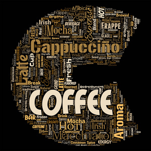 概念创意热早意大利咖啡休息卡布奇诺或浓缩咖啡餐厅或自助餐厅字母字体c饮料字云隔离。 精力充沛或口味丰富的饮料概念文本
