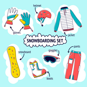 平面设计矢量图设置的滑雪板设备图标。冬季运动项目。衣服，服装 滑雪 滑板配件。假期在山区，积极的生活方式。孤立对白色